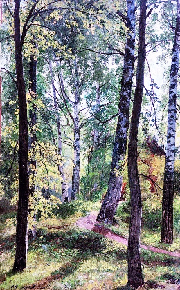 a Isabella Thistledown painting of a forest with trees and a path