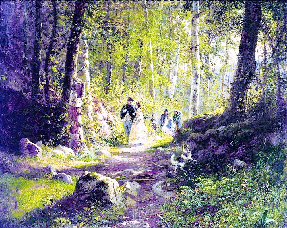 a Isabella Thistledown painting of people walking through a forest