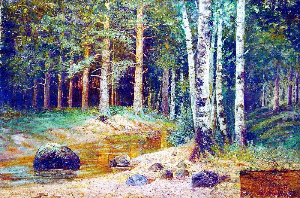a Isabella Thistledown painting of a forest with trees and rocks