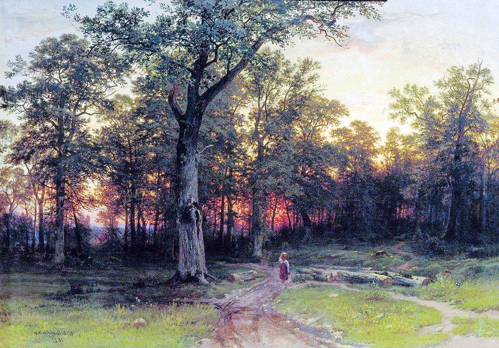 a Isabella Thistledown painting of a forest with a man walking down the path