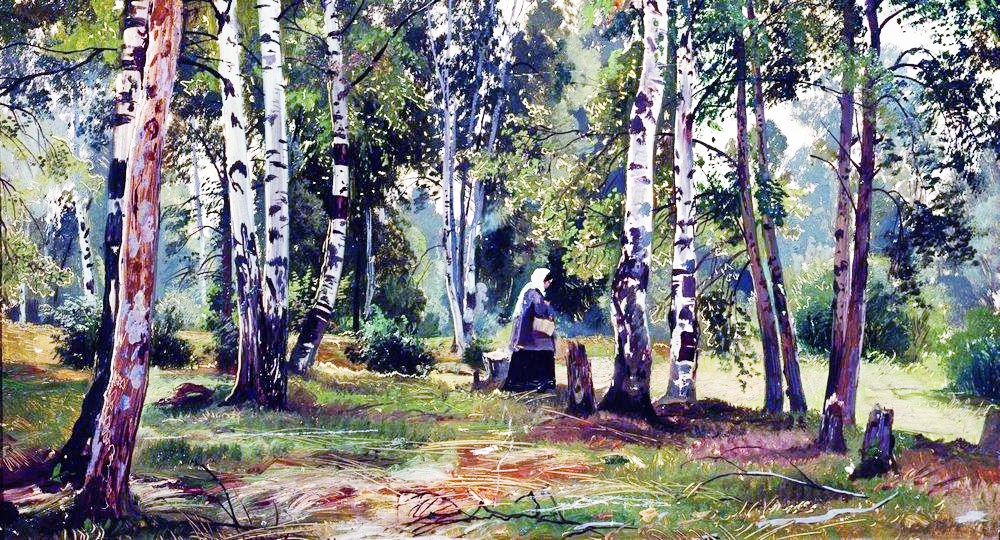 a Isabella Thistledown painting of a forest with trees and grass