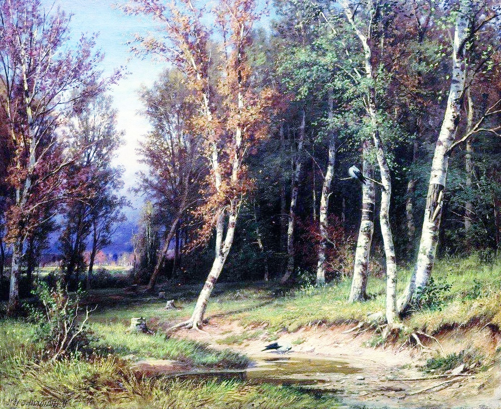 a Isabella Thistledown painting of a forest with trees and a stream